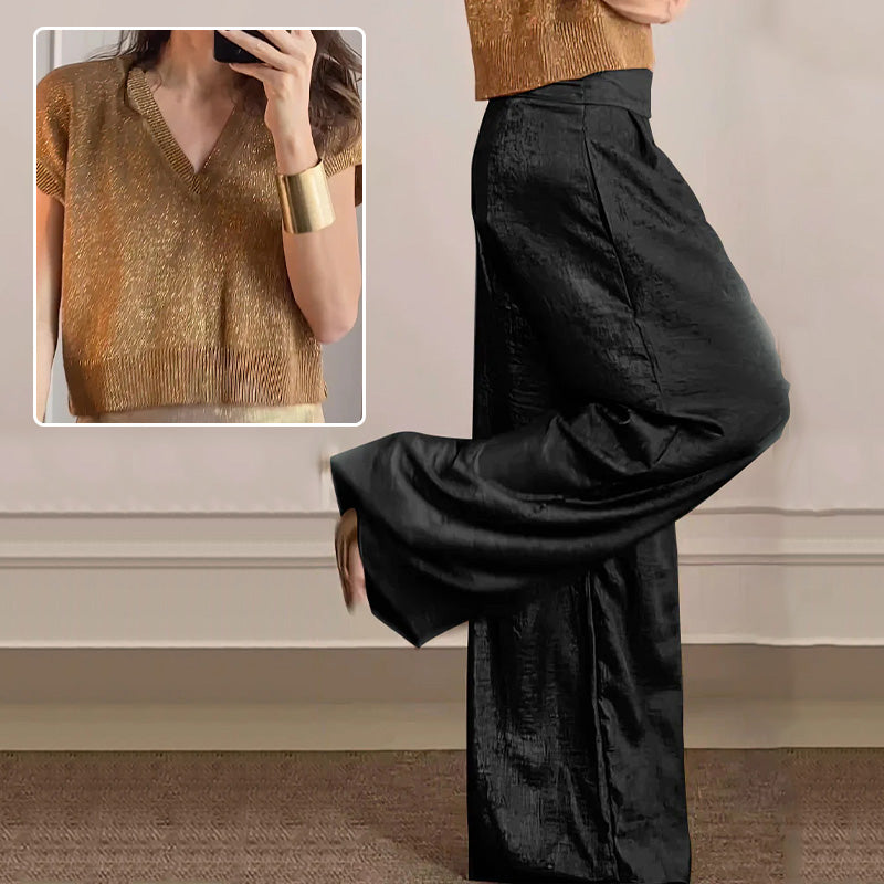 đ„ Muttertagsdeal - 49% Rabatt đ€± GlĂ€nzende Strickjacke und weite Hose fĂŒr Damen im 2er-Set.