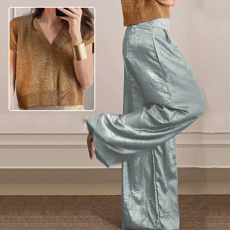 đ„ Muttertagsdeal - 49% Rabatt đ€± GlĂ€nzende Strickjacke und weite Hose fĂŒr Damen im 2er-Set.