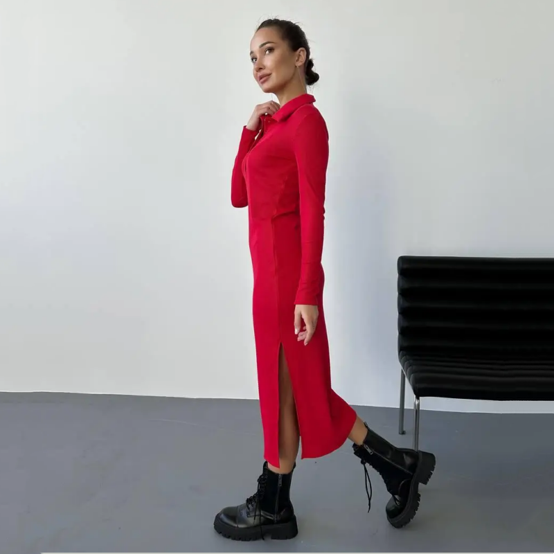💥44% RABATT!! 🌹Sexy rotes langärmliges Reverskleid für Damen