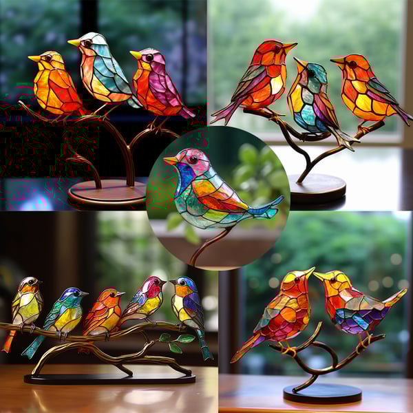 🎉49% AUS ! 🌈Buntglas Vögel auf Zweig Desktop Ornamente 🕊️✨