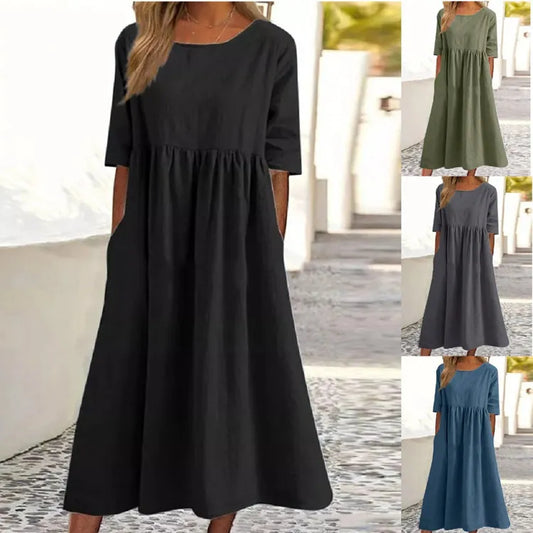 👗49% Rabatt✨Smocked Casual Cotton Kleid mit runden Necktasche für Frauen