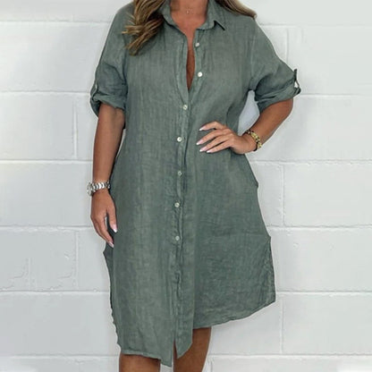 Women's Cotton and Linen Button Shirt Dress