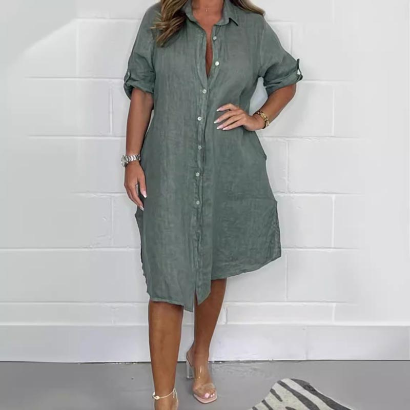 Women's Cotton and Linen Button Shirt Dress