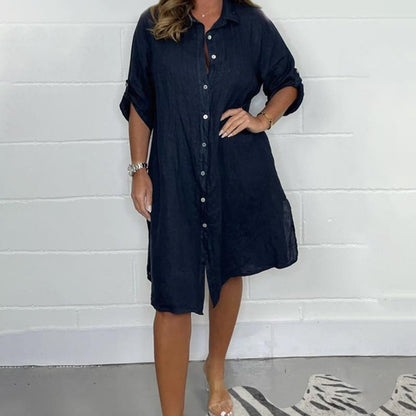 Women's Cotton and Linen Button Shirt Dress