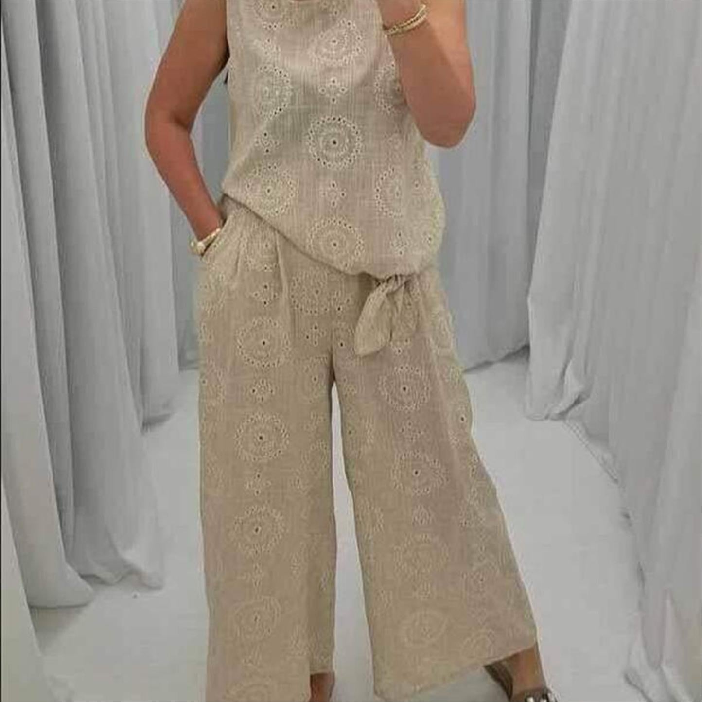 Casual Sleeveless Top Wide Leg Pants 2 Piece Set