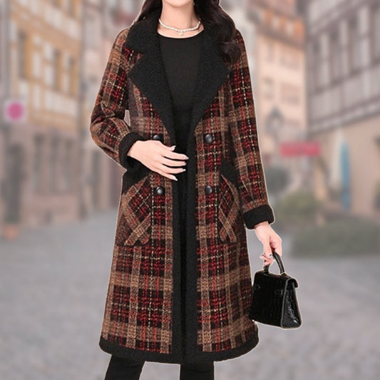 ❄️Winterschlussverkauf 50% RABATT❄️ Damen Revers karierter mittellanger Tweed-Mantel