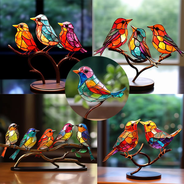 🎉49% AUS ! 🌈Buntglas Vögel auf Zweig Desktop Ornamente 🕊️✨