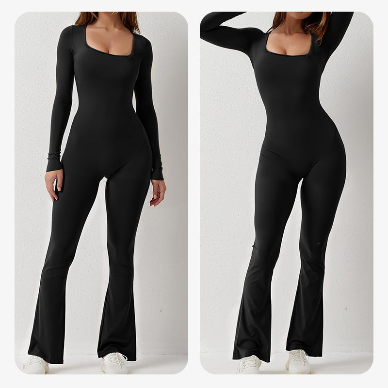 [Geschenk für Sie] Frauen Langarm Quadratischer Ausschnitt Weites Bein Jumpsuit