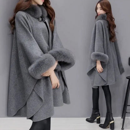 🎄💖 Eleganter einfarbiger Mantel mit Pelzkragen und losem Umhang